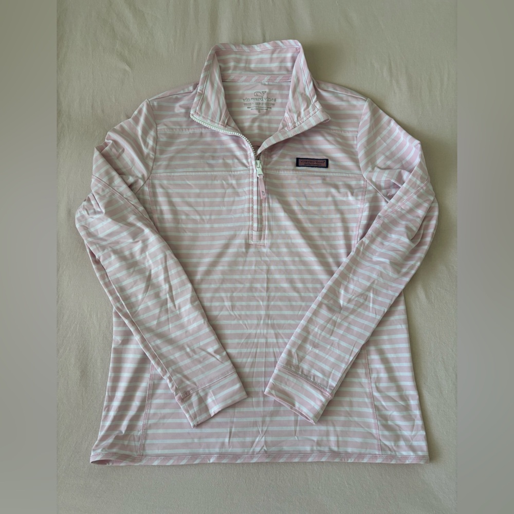 Pink and White Striped Quarter-Zip Pullover